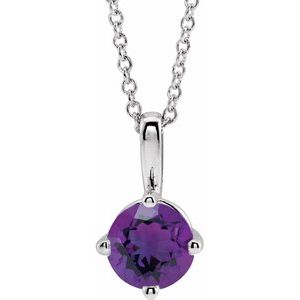 14K White Gold 5 mm Natural Amethyst Solitaire 16-18" Necklace
