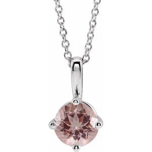 14K White Gold 5 mm Natural Pink Morganite Solitaire 16-18" Necklace