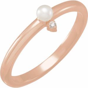 14K Rose Gold Cultured White Seed Pearl & .015 CT Natural Diamond Ring