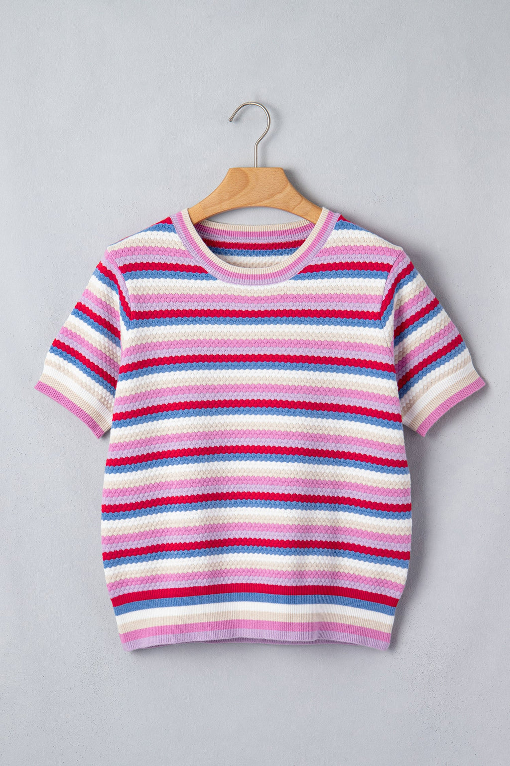 Stripe Textured Knit Short Sleeve Sweater