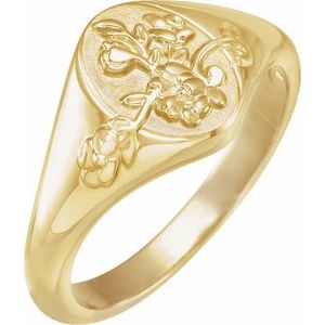 10K Yellow 10.1 mm Oval Floral Signet Ring