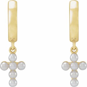 14K Yellow Gold Cultured White Seed Pearl Cross Hoop Earrings – image 2