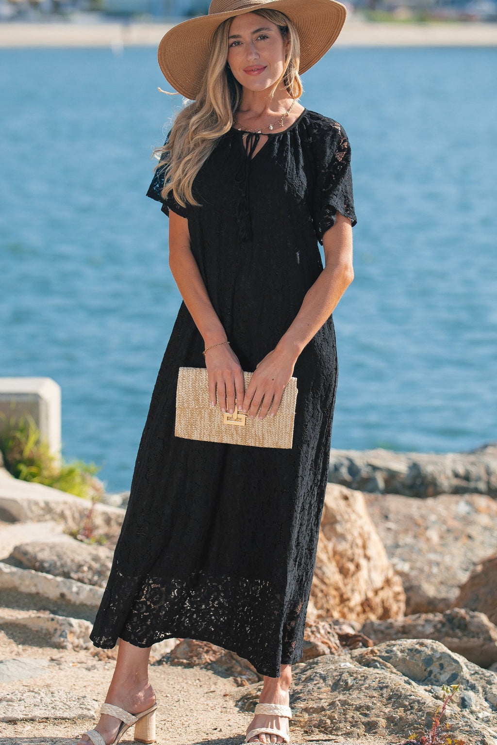 Lace Overlay Tassel Tie Short Sleeve Maxi Dress