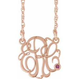 14K Rose Gold-Plated Sterling Silver 15 mm 3-Initials Imitation Pink Tourmaline Script Monogram 18" Necklace