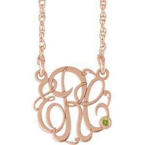 14K Rose Gold 15 mm 3-Initials Imitation Peridot Script Monogram 18" Necklace