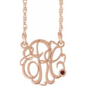 14K Rose Gold 15 mm 3-Initials Imitation Mozambique Garnet Script Monogram 18" Necklace