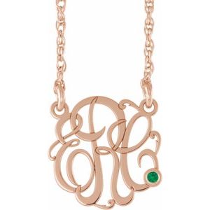 14K Rose Gold 15 mm 3-Initials Imitation Emerald Script Monogram 18" Necklace