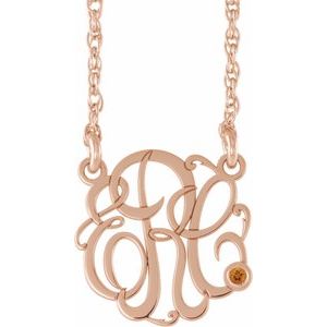 14K Rose Gold 15 mm 3-Initials Imitation Citrine Script Monogram 18" Necklace