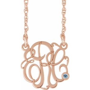 14K Rose Gold-Plated Sterling Silver 15 mm 3-Initials Imitation Aquamarine Script Monogram 18" Necklace