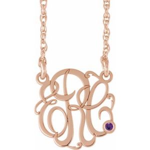 14K Rose Gold 15 mm 3-Initials Imitation Amethyst Script Monogram 18" Necklace