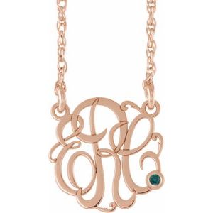 14K Rose Gold-Plated Sterling Silver 15 mm 3-Initials Imitation Alexandrite Script Monogram 18" Necklace