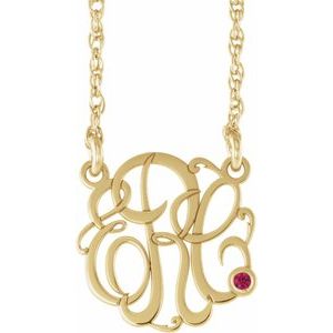 14K Yellow Gold 15 mm 3-Initials Imitation Ruby Script Monogram 18" Necklace