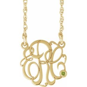 14K Yellow Gold-Plated Sterling Silver 15 mm 3-Initials Imitation Peridot Script Monogram 18" Necklace