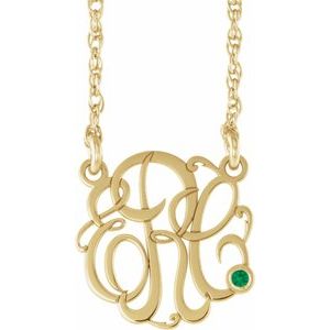 14K Yellow Gold-Plated Sterling Silver 15 mm 3-Initials Imitation Emerald Script Monogram 18" Necklace
