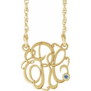 10K Yellow Gold 15 mm 3-Initials Imitation Aquamarine Script Monogram 18" Necklace