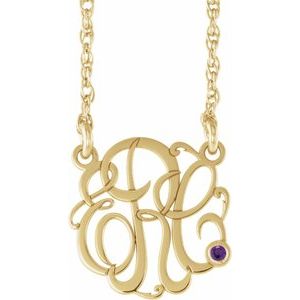 10K Yellow Gold 15 mm 3-Initials Imitation Amethyst Script Monogram 18" Necklace