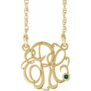 10K Yellow Gold 15 mm 3-Initials Imitation Alexandrite Script Monogram 18" Necklace