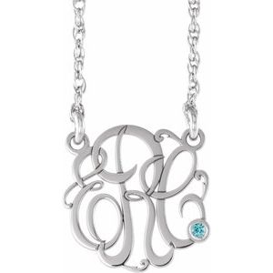 14K Yellow Gold-Plated Sterling Silver 15 mm 3-Initials Imitation Blue Zircon Script Monogram 18" Necklace