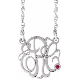 10K White Gold 15 mm 3-Initials Imitation Ruby Script Monogram 18" Necklace