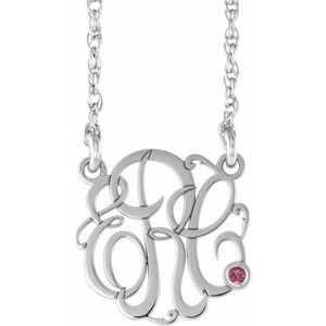 10K White Gold 15 mm 3-Initials Imitation Pink Tourmaline Script Monogram 18" Necklace