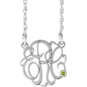 10K White Gold 15 mm 3-Initials Imitation Peridot Script Monogram 18" Necklace
