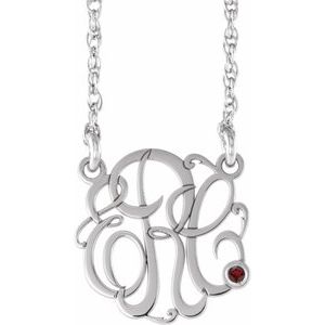 14K White Gold 15 mm 3-Initials Imitation Mozambique Garnet Script Monogram 18" Necklace