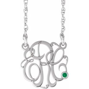 14K White Gold 15 mm 3-Initials Imitation Emerald Script Monogram 18" Necklace