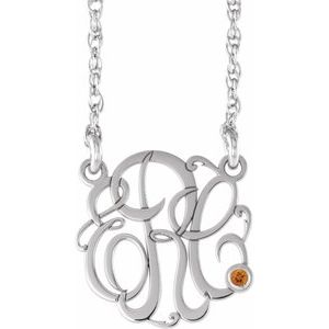 10K White Gold 15 mm 3-Initials Imitation Citrine Script Monogram 18" Necklace