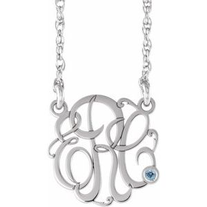 14K White Gold 15 mm 3-Initials Imitation Aquamarine Script Monogram 18" Necklace