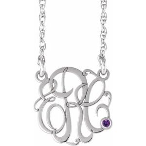 10K White Gold 15 mm 3-Initials Imitation Amethyst Script Monogram 18" Necklace
