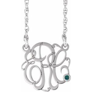 Rhodium-Plated Sterling Silver 15 mm 3-Initials Imitation Alexandrite Script Monogram 18" Necklace