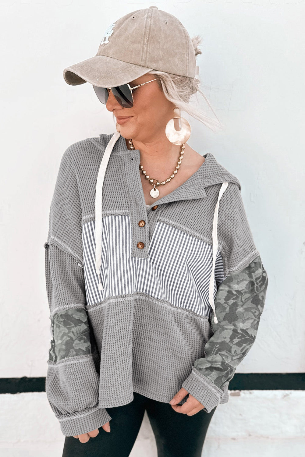 Stripe Waffle Patchwork Hooded Long Sleeve Top