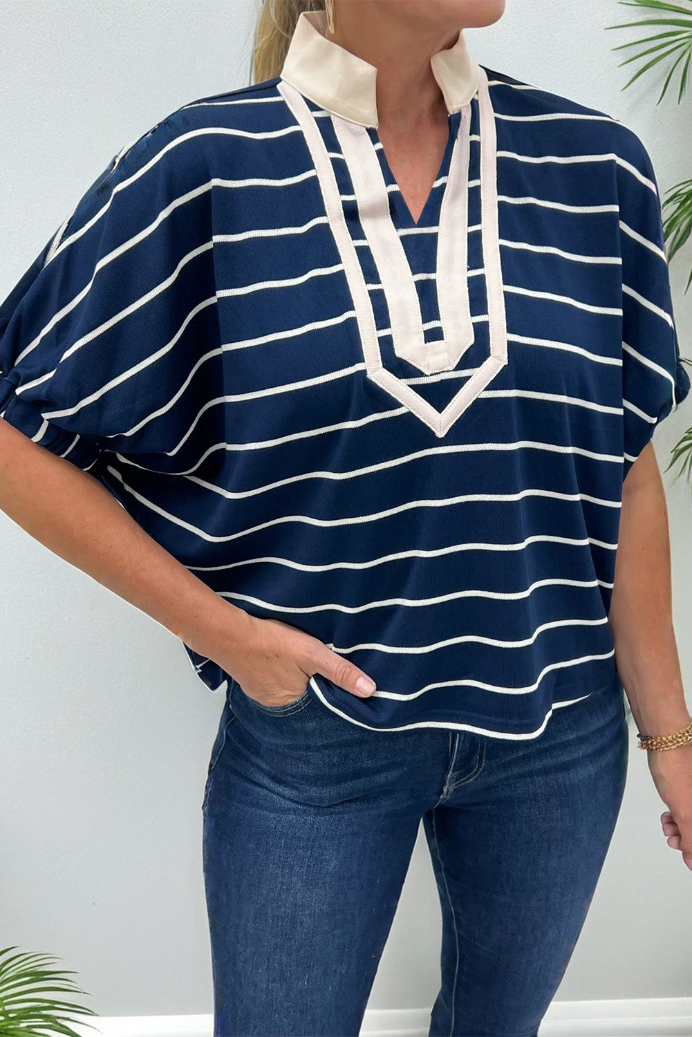 Stripe Stand Collar V-Neck Dolman Sleeve Top