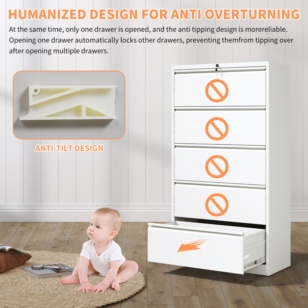 Modern 5-Drawer Steel Lateral File Cabinet with Lock, White Metal Filing Cabinet for Home and Office
