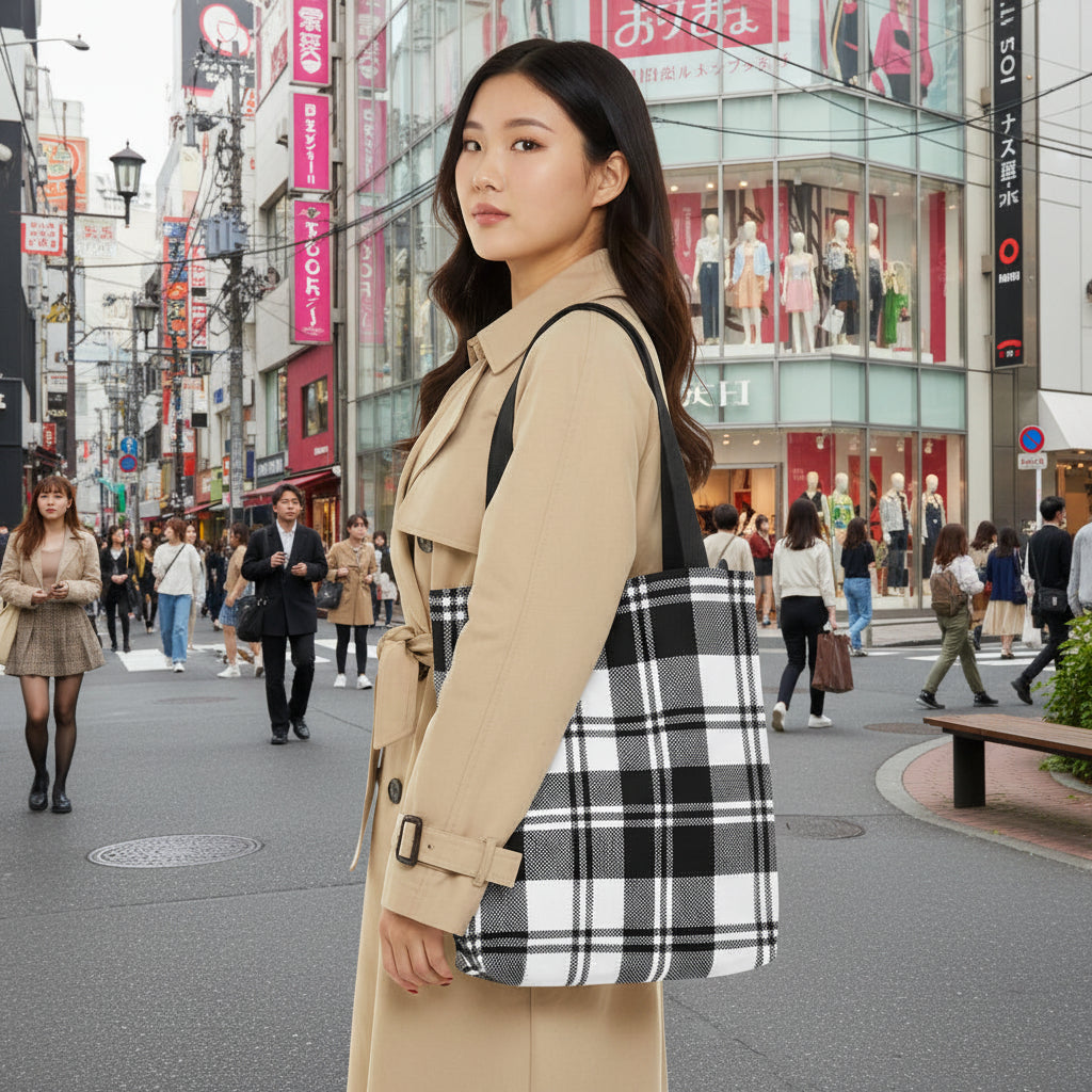 Black Checkered Plaid Tote Bag