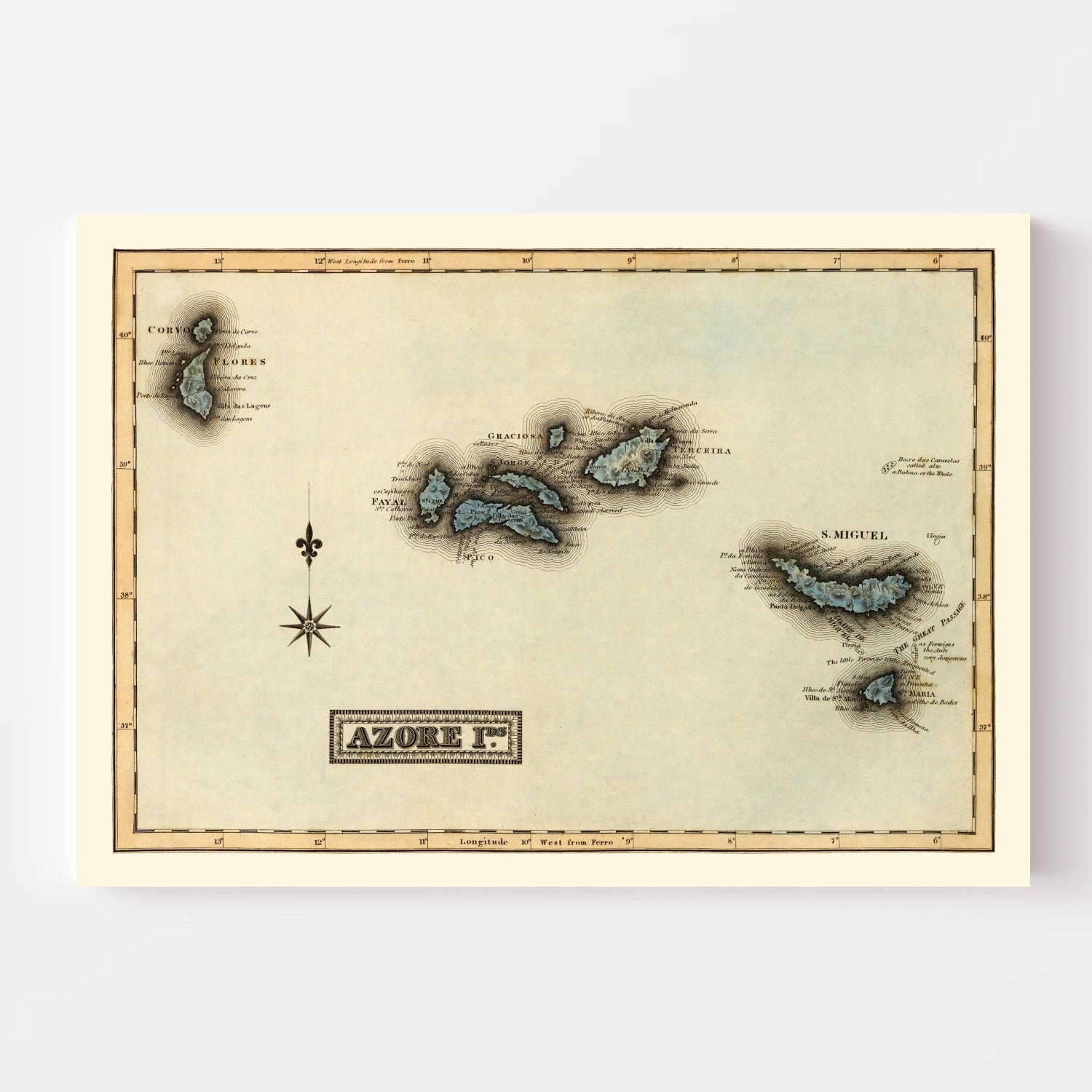 Vintage Map of Azore Islands, 1823