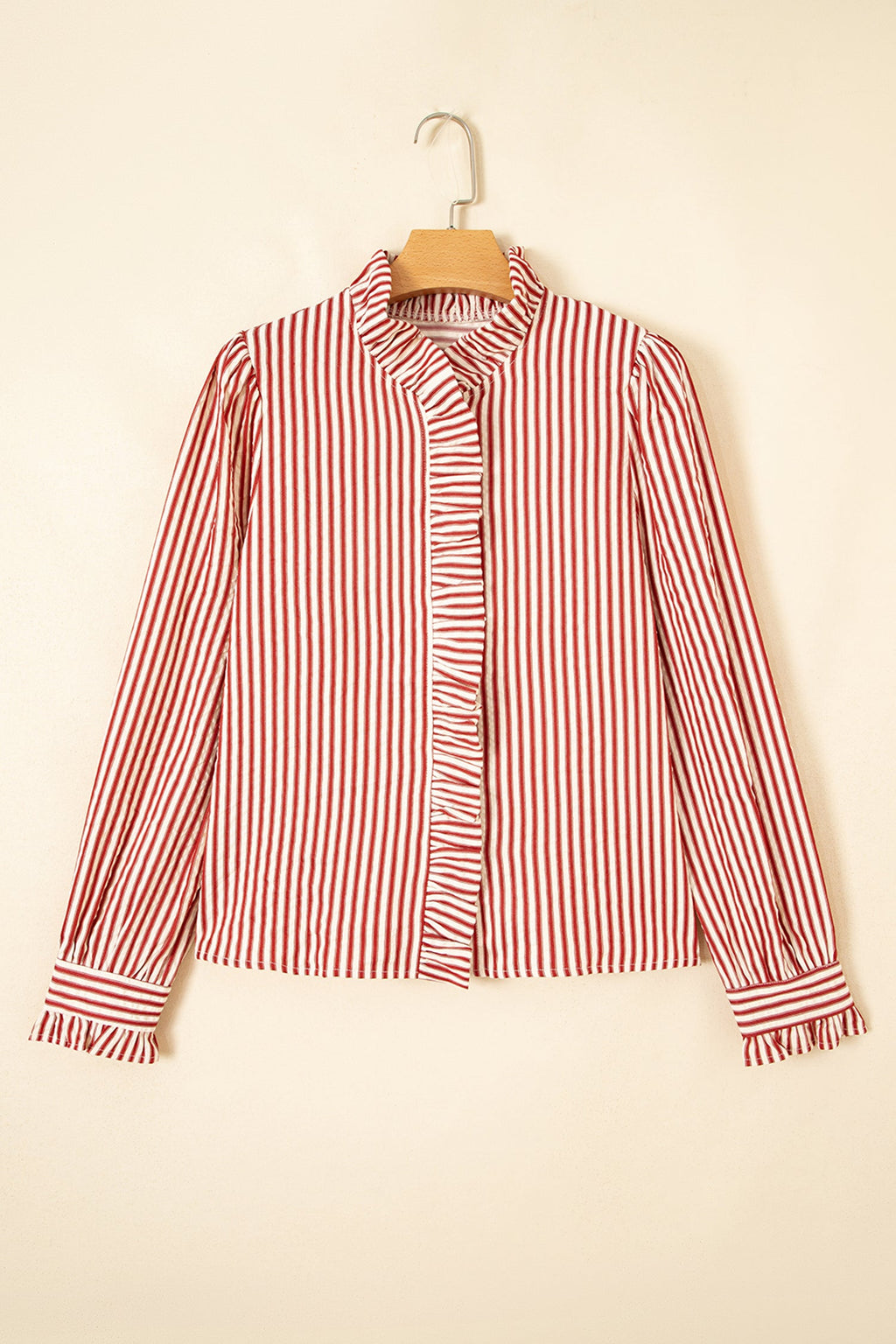 Stripe Textured Ruffle Trim Button-Up Long Sleeve Shirt