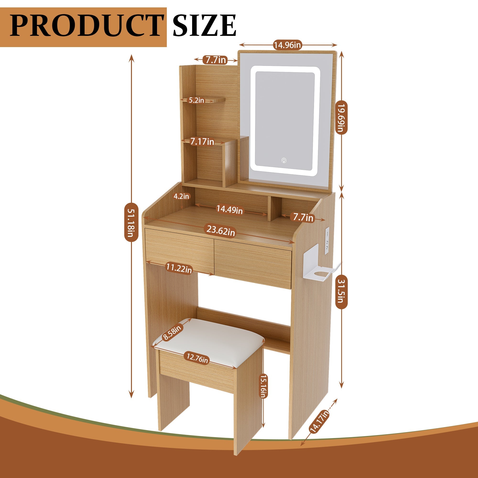 Modern Wood Vanity Table with LED Mirror, Power Outlet, Hairdryer Holder & Padded Stool – Compact Dressing Desk for Small Bedrooms