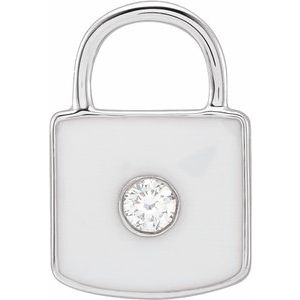 14K White Gold .035 CT Natural  Diamond & White Enamel Lock Charm/Pendant