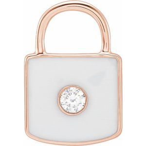 14K Rose Gold .035 CT Natural  Diamond & White Enamel Lock Charm/Pendant