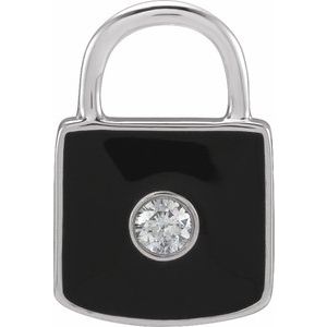 14K White Gold .035 CT Natural  Diamond & Black Enamel Lock Charm/Pendant