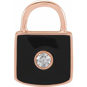 14K Rose Gold .035 CT Natural  Diamond & Black Enamel Lock Charm/Pendant