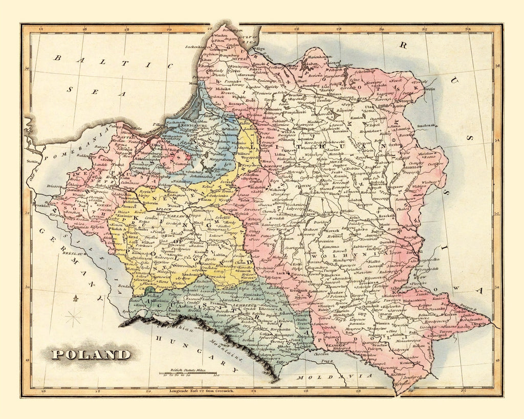 Vintage Map of Poland 1823