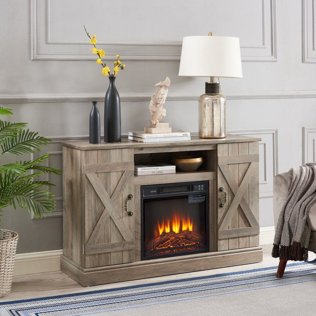 American retro Farmhouse Classic Media TV Stand Antique Entertainment Console with 18' Electric Fireplace Insert for TV up to 50' with Open and Closed Storage Space, Gray Wash 47'W*15.5'D*30.75'H