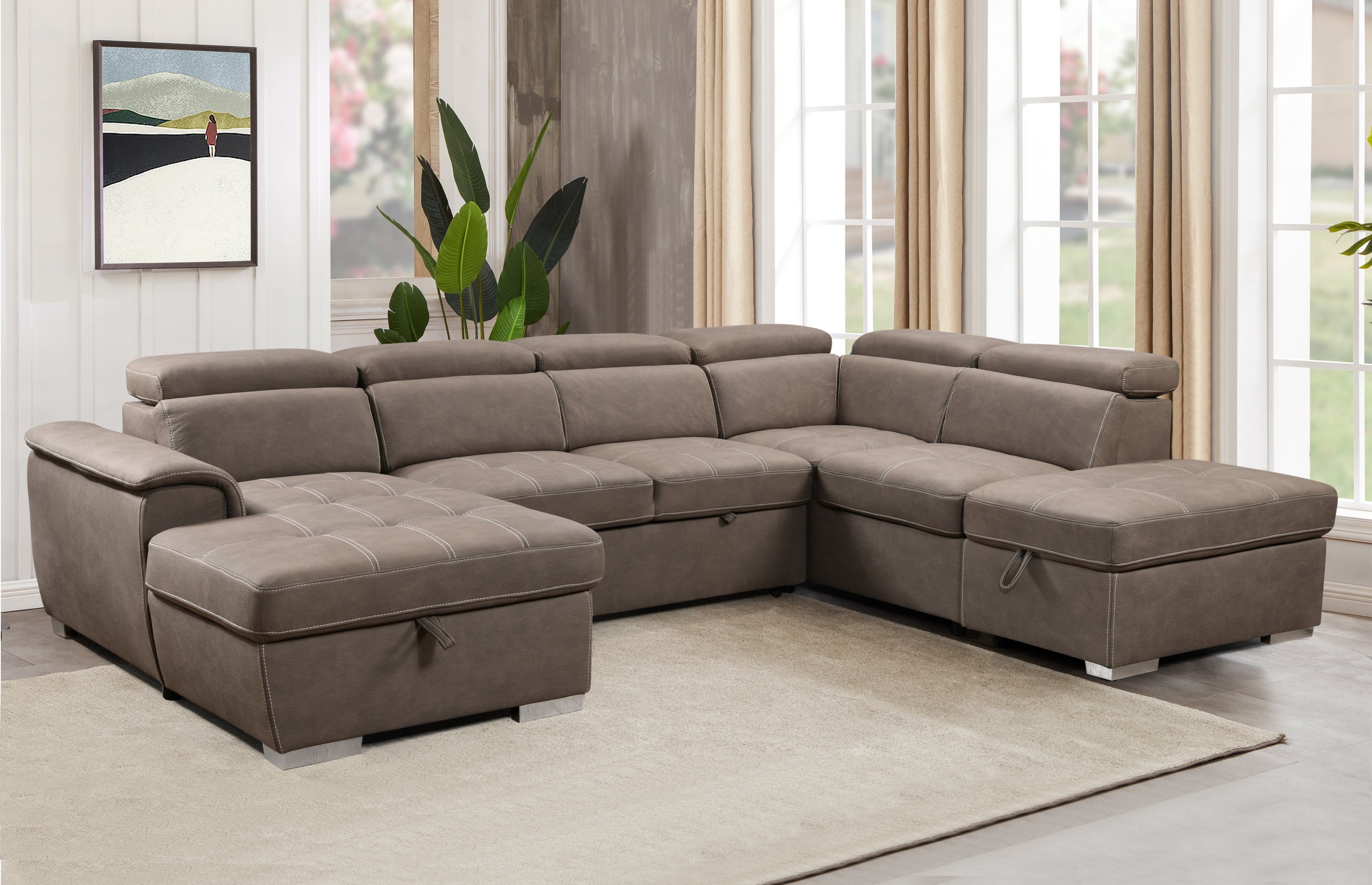 128'Sofa U Shaped Sectional Couch with Ottomans Reversible Modular Sofa 7 Seater Couch with Storage Seat,Living Room Furniture Sofa Sets with Adjustable Headrest, Brown