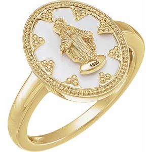 14K Yellow Oval White Enamel Miraculous Medal Ring