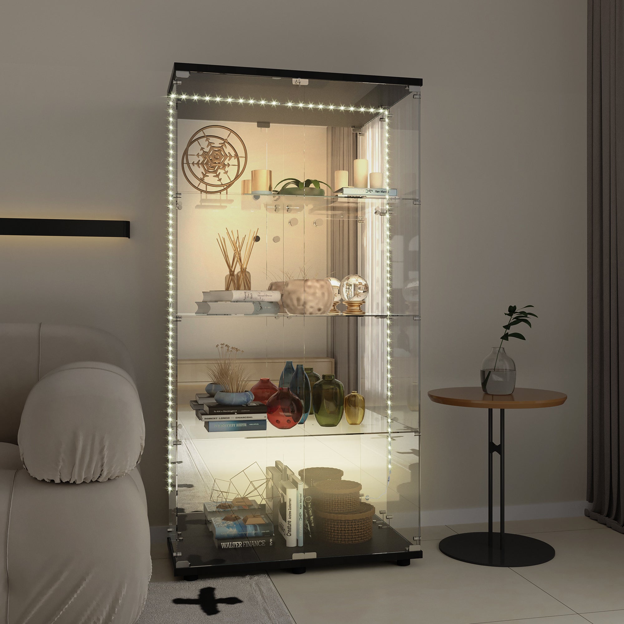 Tempered glass display cabinet,liquor cabinet, storage cabinet,file cabinet,with Bluetooth LED strip light,lock on the door,back panel is Mirror,suitable for living room,bedroom,corridor, office,black