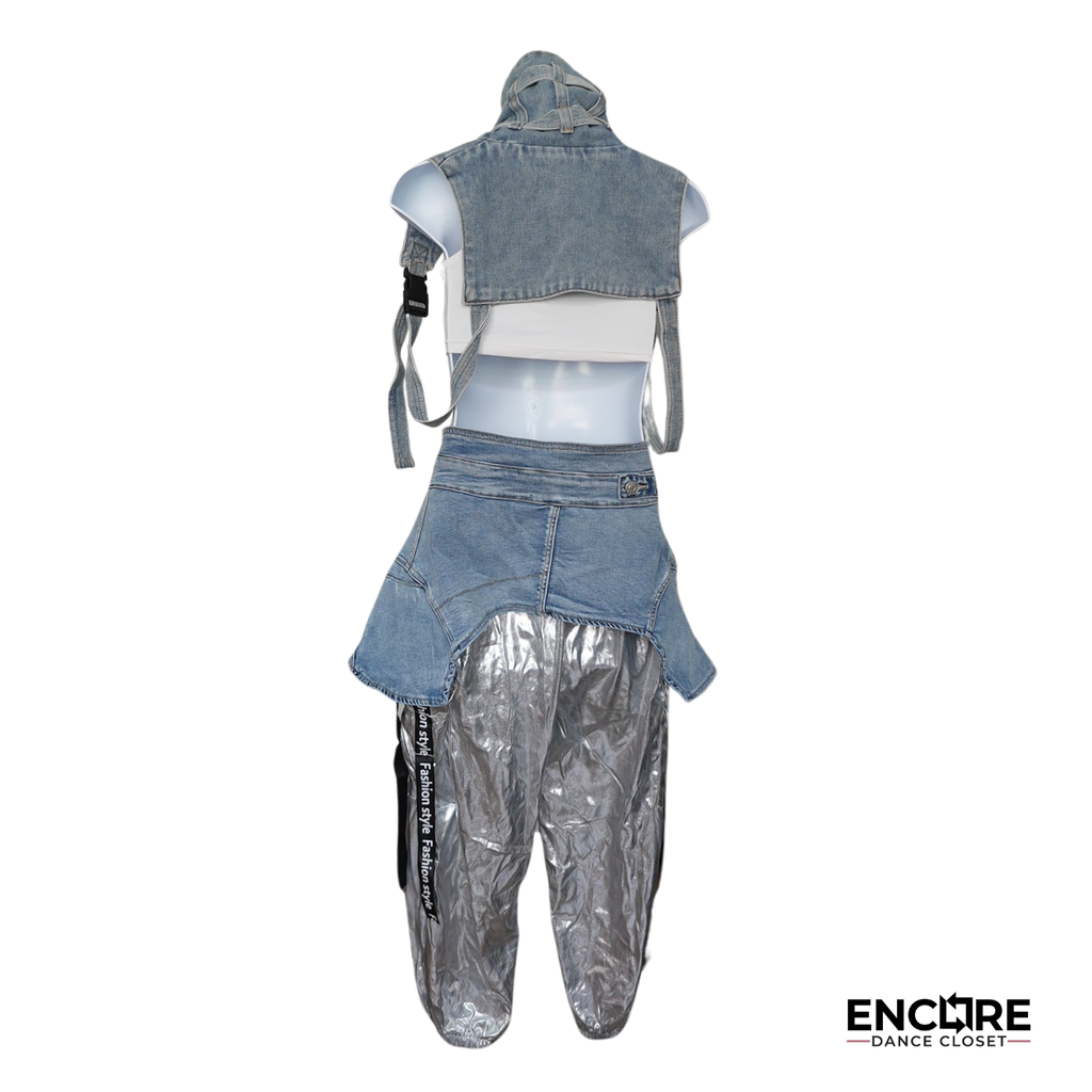 Silver Hip Hop Pants with Denim Details