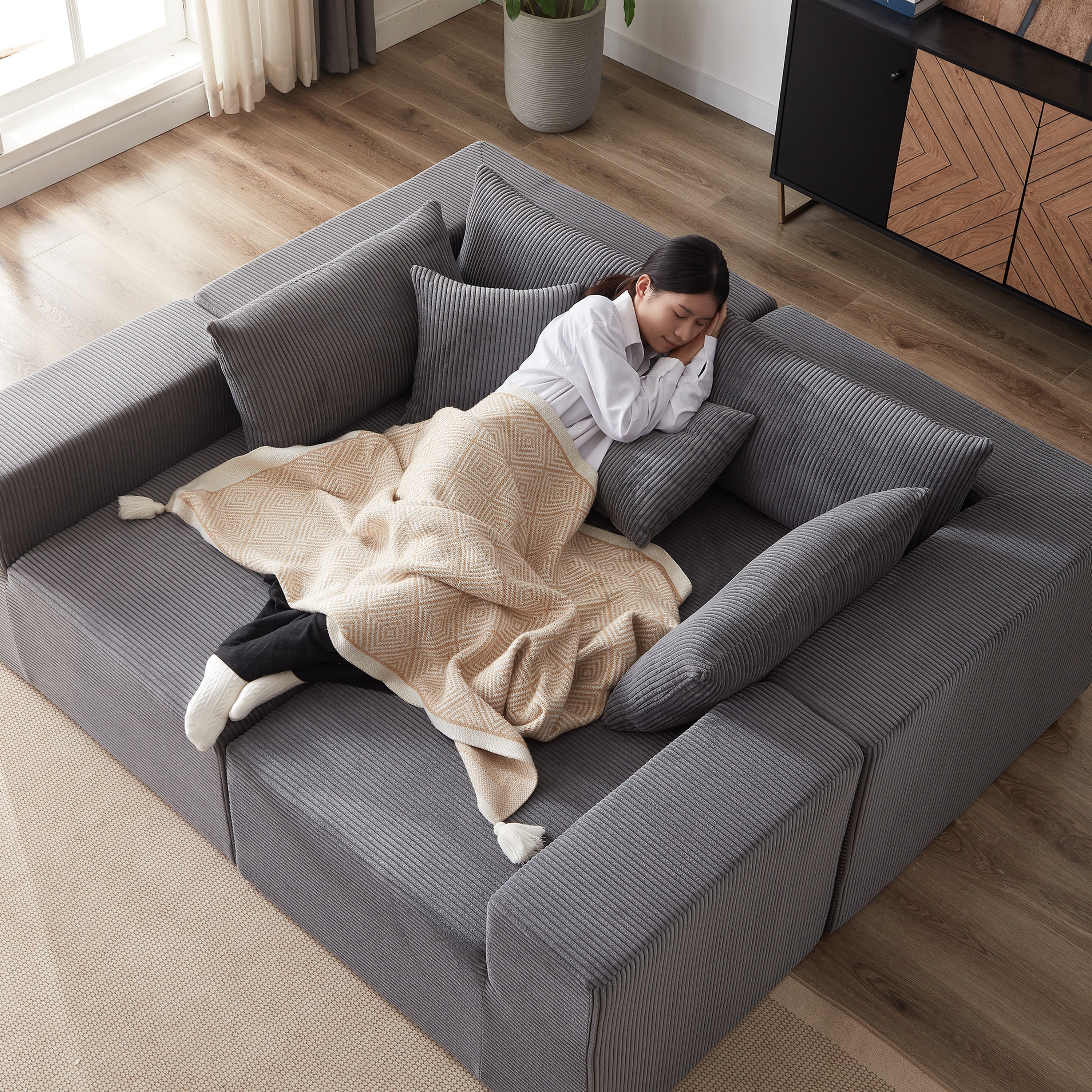 104-Inch Corduroy Modular L Shaped Sectional Sofa,Luxury Floor Couch Set,Upholstered Indoor Furniture,Foam-Filled Compressed Sofa for Living Room,Bedroom,4 PC Free Combination