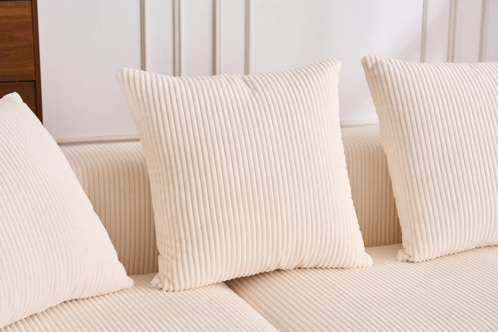 LY-023 WHITE COMPRESSION SOFA: Combining chaise longue with 3-seater, Corduroy Fabric, full sponge compression sofa,combined sofa with 4 pillows for living/ Home Furniture/ Apartment